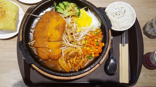 High angle view of food in bowl on table