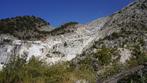 Low angle view of rocky mountains against clear sky