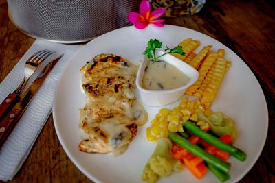 High angle view of food in plate on table