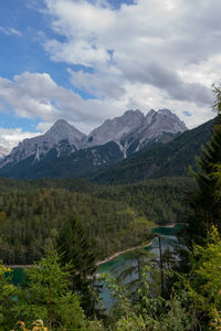 Scenic view of lake and mountains against sky