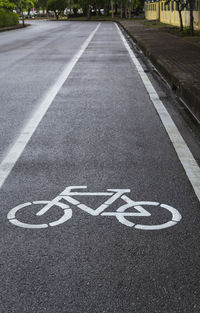 High angle view of bicycle lane on road