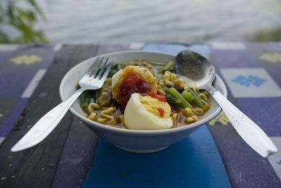 Close-up of breakfast served on table