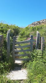 View of cemetery against clear blue sky