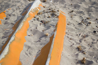 High angle view of sand at beach