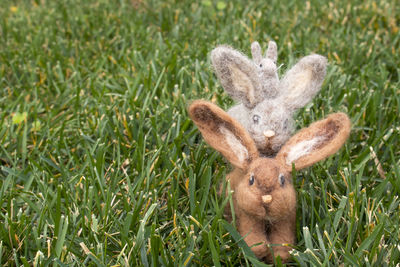 Rabbit shaped toy animals on grassy field