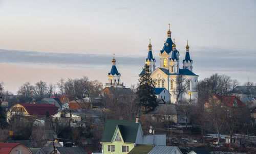 Panoramic view of the kamianets-podilskyi fortress on a winter night