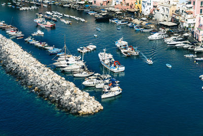 High angle view of sailboats moored at harbor