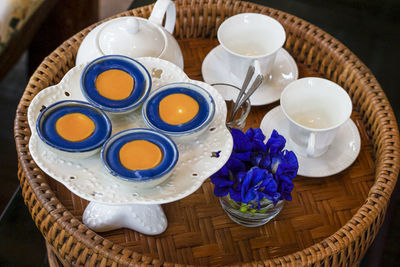 High angle view of tea cups on table