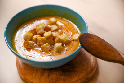 High angle view of soup in bowl on table