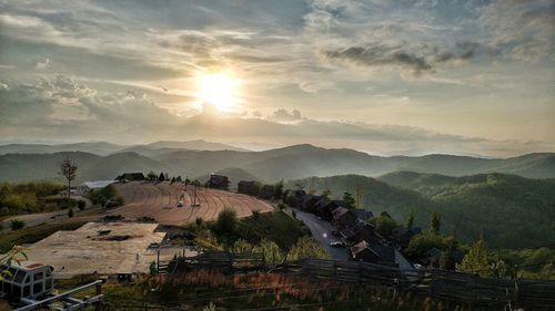 High angle view of landscape against sky during sunset