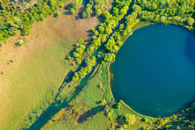 Aerial view of torak lake spring in the cikola river canyon, croatia