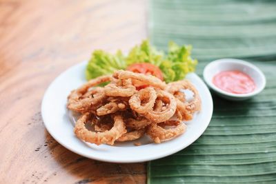 High angle view of food in plate on table