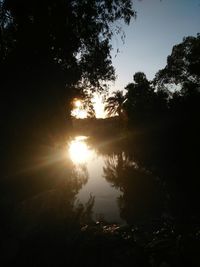 Silhouette trees by lake against sky during sunset