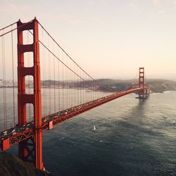 Golden gate bridge over san francisco bay against sky during sunset