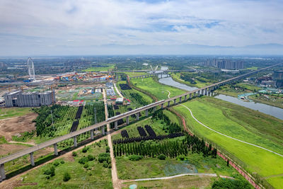 High angle view of cityscape against sky