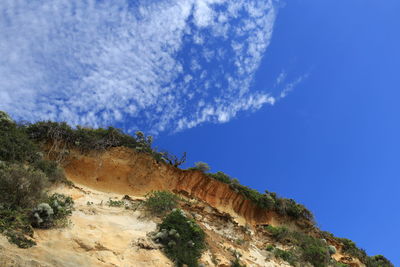 Low angle view of mountain against blue sky