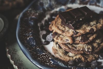 High angle view of chocolate cake in plate