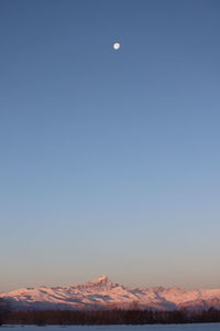Scenic view of snowcapped mountains against clear blue sky