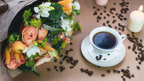 High angle view of coffee on table