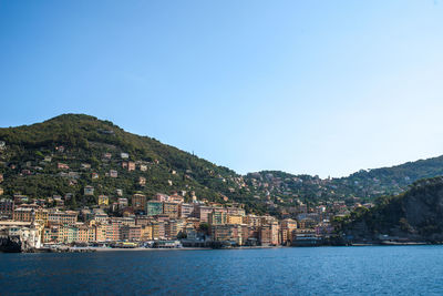 Houses by sea against clear sky