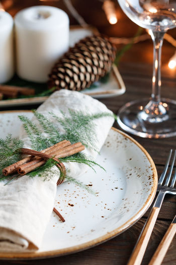 Close-up of napkin in plate on table