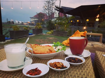 High angle view of breakfast served on table at restaurant