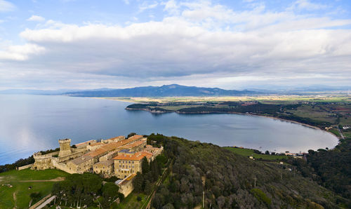 Panoramic view of the etruscan city of populonia and the gulf of baratti tuscany italy