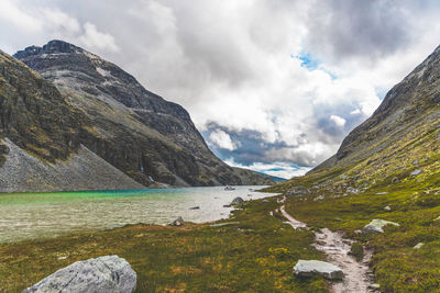 Scenic view of lake and mountains against sky