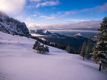 Scenic view of snow covered landscape against sky