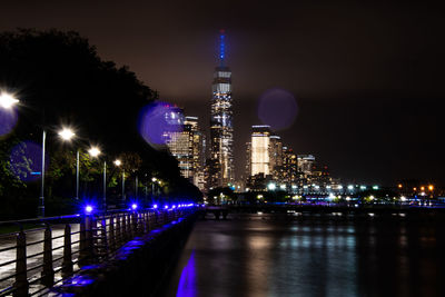 Illuminated city buildings at night