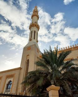 Low angle view of palm tree and building against sky