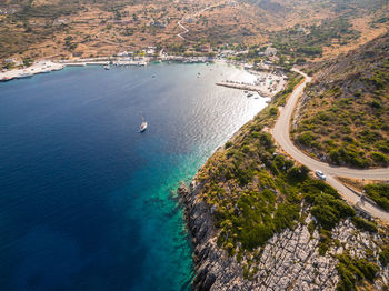 Aerial view of road by lake