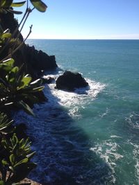 Scenic view of sea against clear blue sky