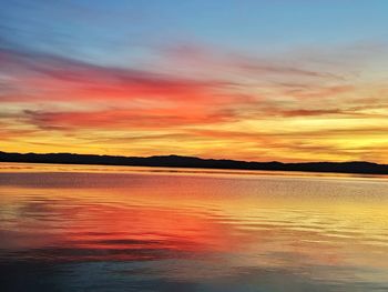 Scenic view of sea against romantic sky at sunset