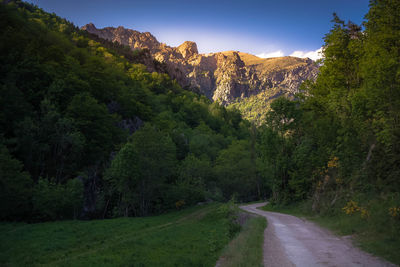 Road amidst trees and mountains against sky