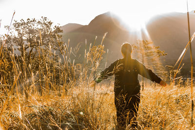 Rear view of man standing on field against bright sun