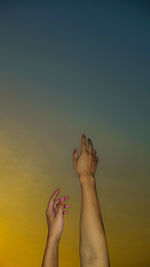 Cropped image of hand against clear sky during sunset