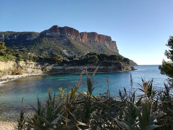 Scenic view of bay against clear sky