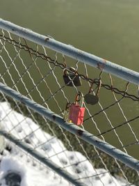 Close-up of padlocks on fence