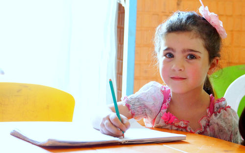 Portrait of girl writing in book at home