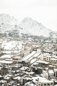 High angle view of townscape against sky during winter