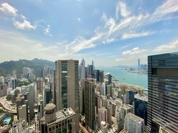 Aerial view of buildings in city against sky