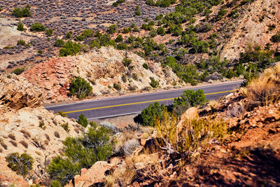 High angle view of road amidst desert