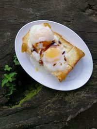 High angle view of breakfast in plate on table