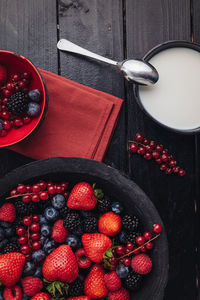 High angle view of strawberries in bowl on table