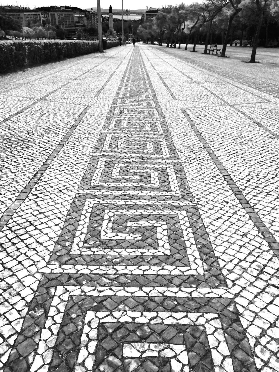 the way forward, diminishing perspective, vanishing point, cobblestone, transportation, empty, footpath, road, street, road marking, walkway, tree, empty road, outdoors, absence, day, no people, long, paving stone, in a row