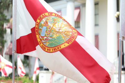 Close-up of florida state flag against building 