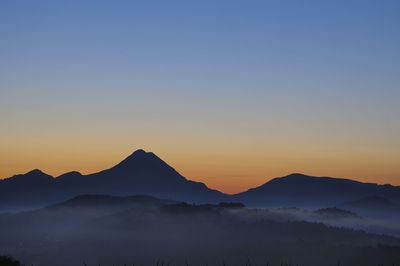 Scenic view of silhouette mountains against clear sky