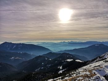 Scenic view of snowcapped mountains against sky during sunset