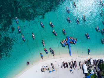 High angle view of boats moored at beach